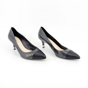 Chanel Cap Toe CC Kitten Pumps EU 38.5 US 7.5-8 Black Leather Pointed Low Heel